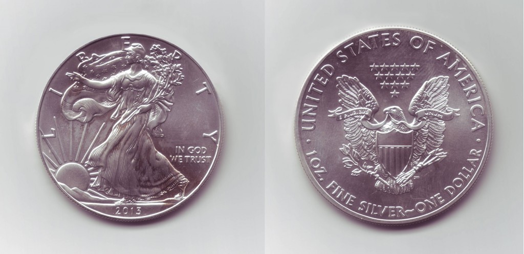 A one-ounce American Silver Eagle as shipped by Agora Commodities.